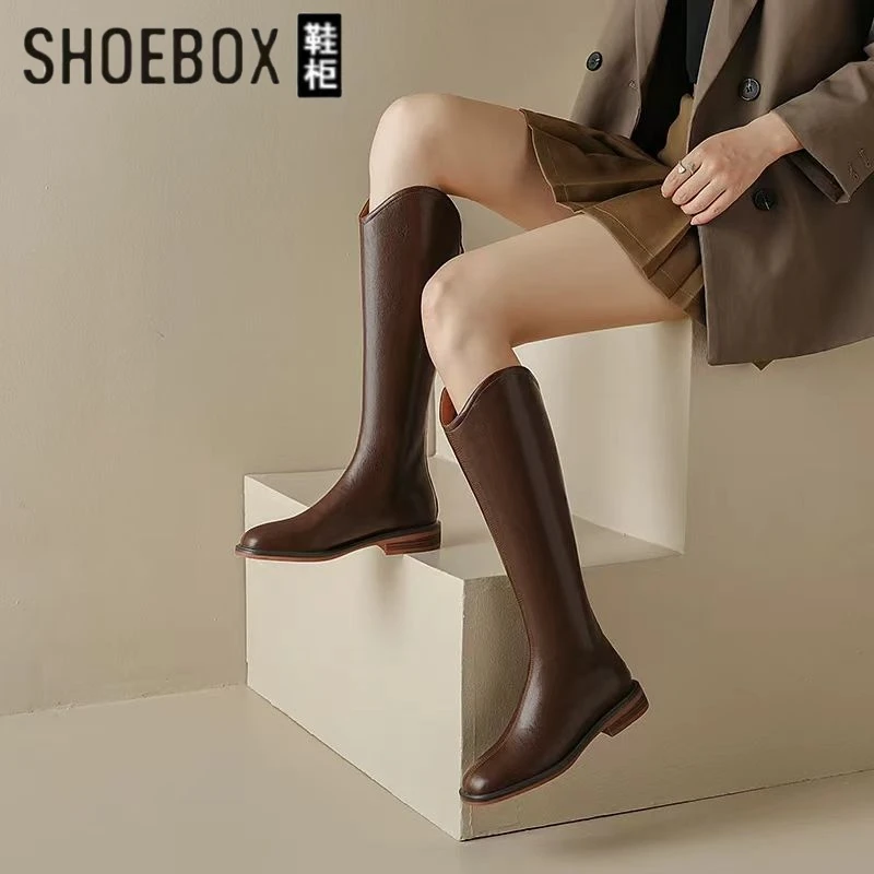 鞋柜时装靴秋冬方头百搭皮靴款百搭晚晚鞋女款2025靴子女长筒靴