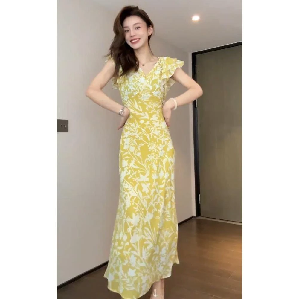夏季绝美长裙女茶歇法式气质轻奢高级感修身度假风黄色碎花连衣裙