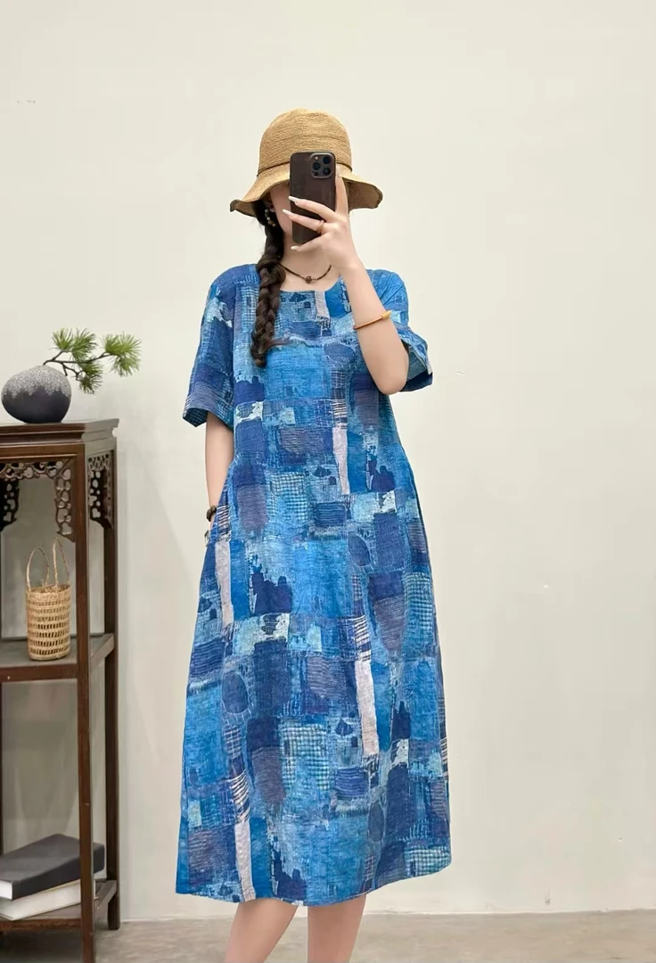 圆领百搭显瘦数码印花短袖花色麻料连衣裙女长裙 JL 17391-4