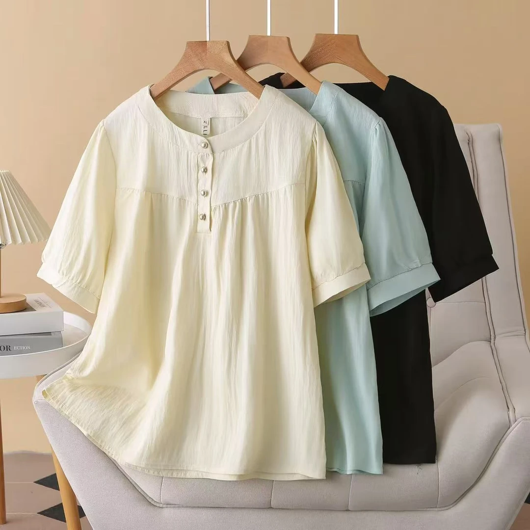 夏季胖mm短袖韩版大码休闲半袖显瘦时尚宽松亲肤褶皱小衫L-922