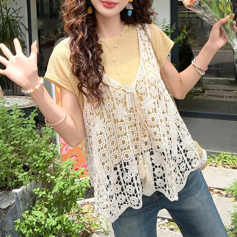 复古港风假两件短袖T恤女2026夏季新款小众百搭显瘦勾花镂空上衣