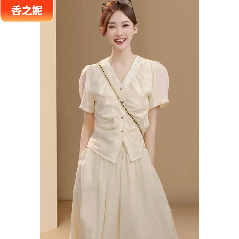 1时尚套装裙女夏2025年新款V领上衣+半身裙气质连衣裙两件套I