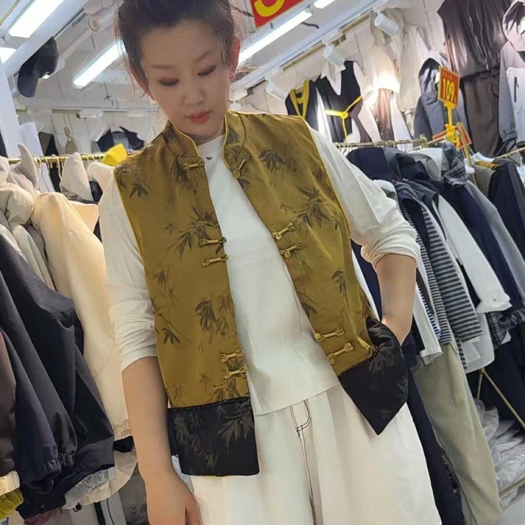 女士春秋新中式立领拼色复古马甲外套外穿坎肩上衣气质