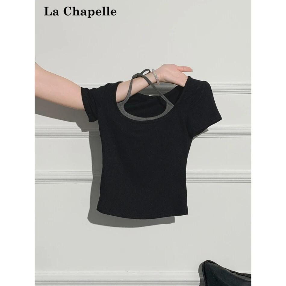 拉夏贝尔黑色美式挂脖假两件外穿甜酷设计短袖t恤女夏季修身上衣