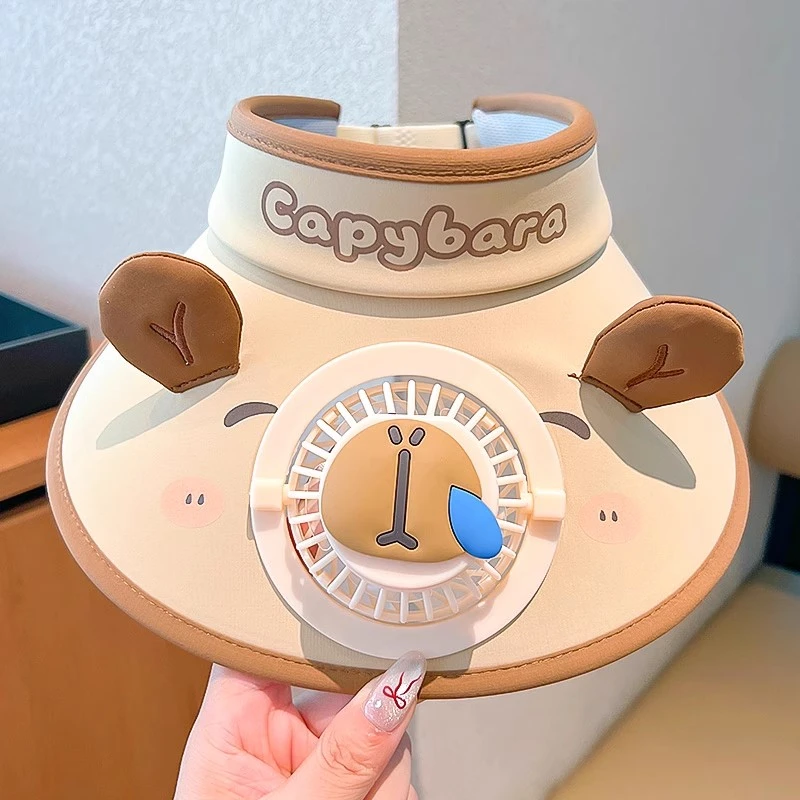 儿童风扇帽卡皮巴拉防晒帽男女童户外夏季大帽檐遮阳空顶帽太阳帽