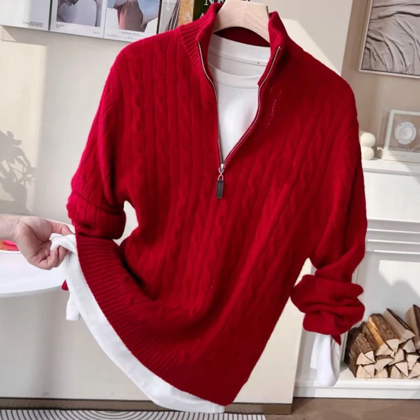 【拉夫经典扭花】100羊毛半开拉链领加厚重工扭花针织春秋时尚打底