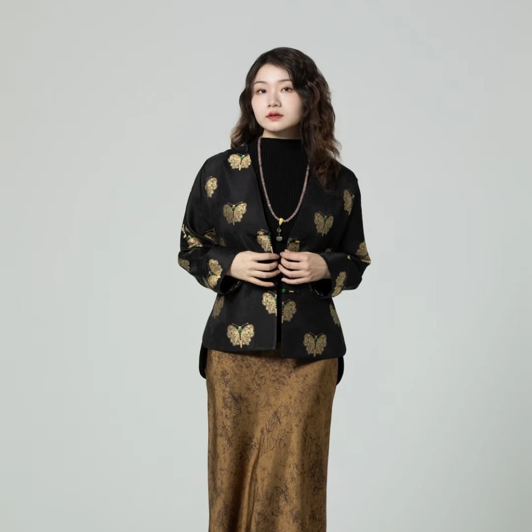 绢若诗复古上久楷黑金蝴蝶宋锦高级感新中式国风手工盘扣百搭外套
