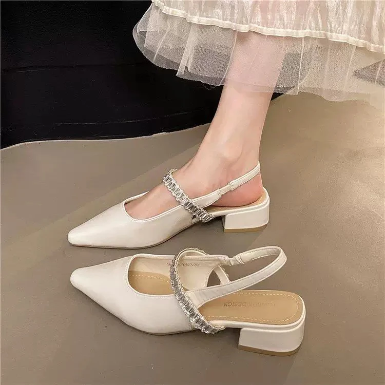 仙女风尖头外穿粗跟春夏单鞋银色粗跟凉鞋时装凉鞋