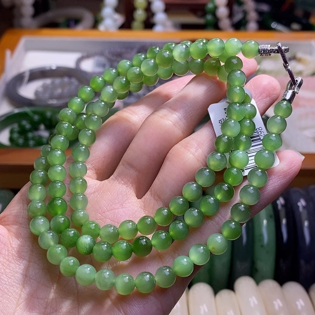 颈饰未镶嵌和田玉碧玉银镶绿猫眼项链6MM