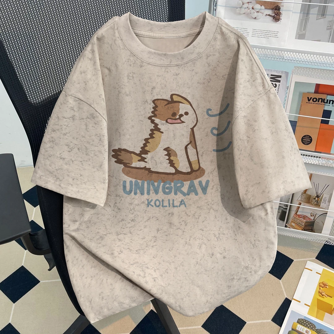 男女童夏季新款扎染短袖t恤中大童可爱小花猫印花休闲半袖上衣服