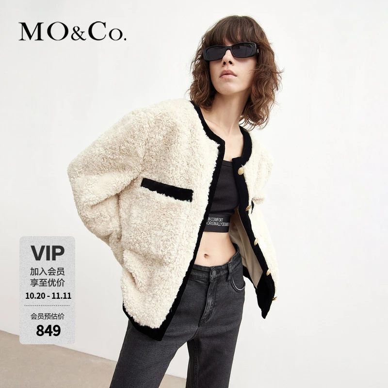 MOCO秋季仿羊羔绒大口袋拼接金扣宽松外套秋冬保暖毛绒MBB3COTT01