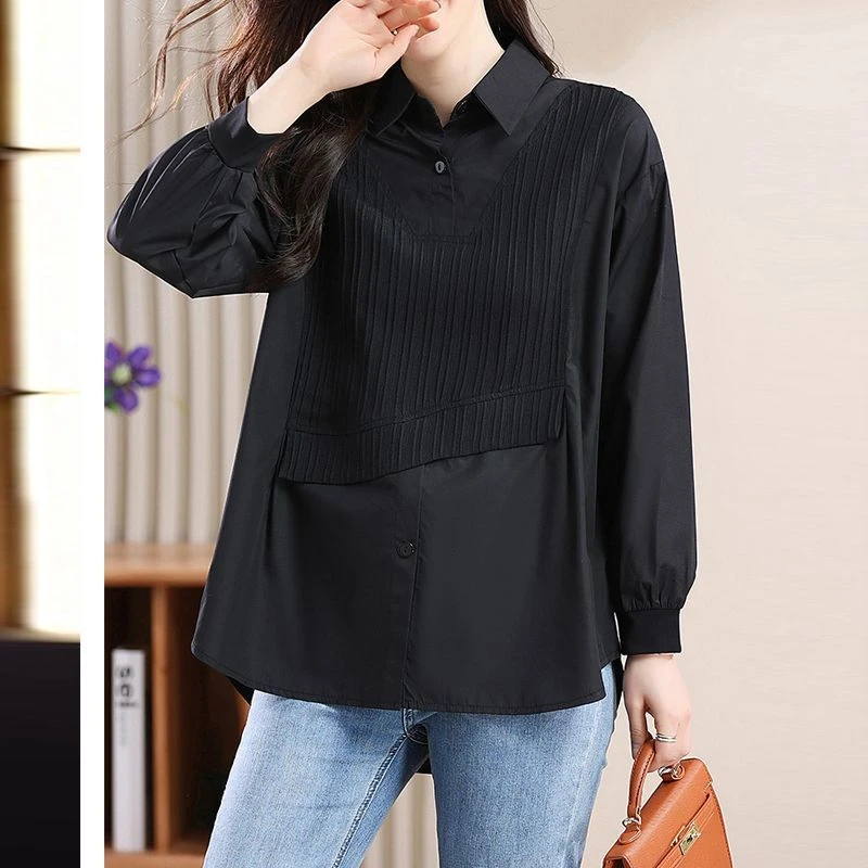 高级洋气假两件衬衫女2025春季大码女装胖mm时尚气质遮肉翻领上衣
