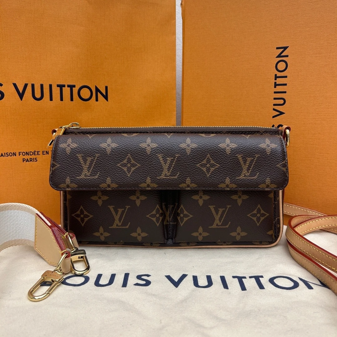 99新 LouisVuitton/路易威登 VIVA CITE老花双肩带米色肩带骆驼包