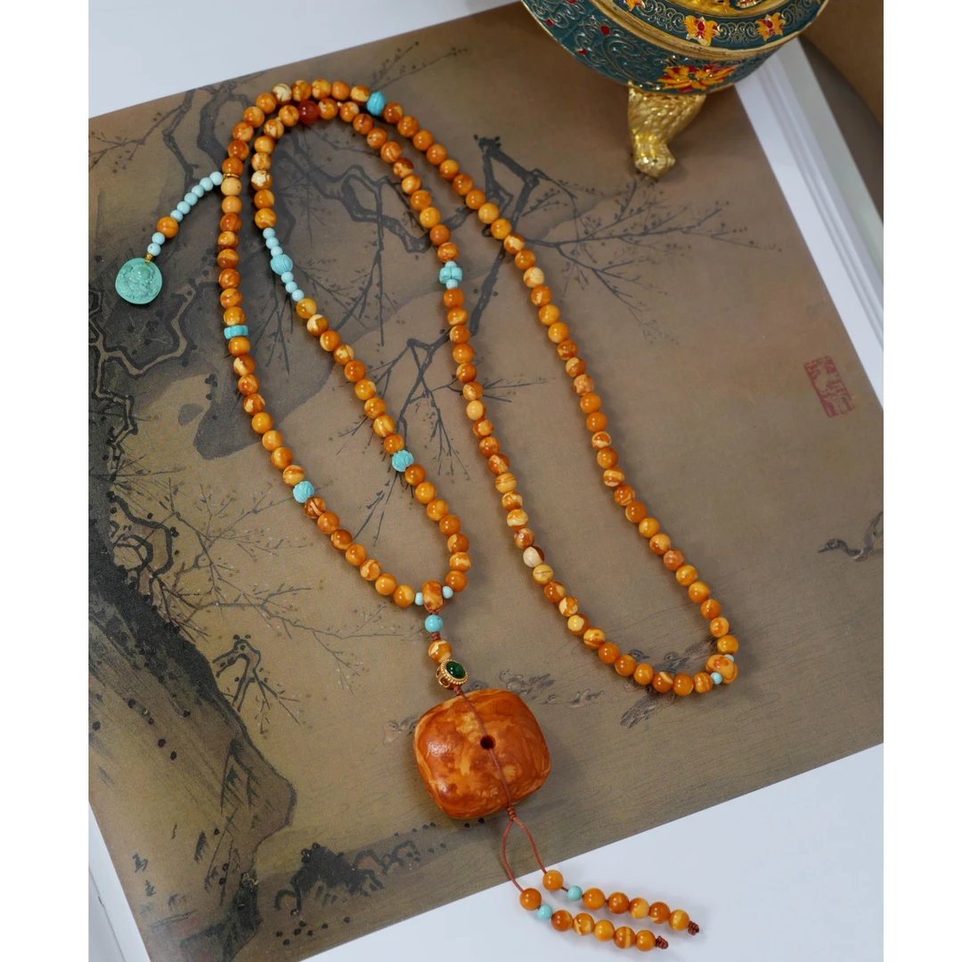 典藏级妖花蜜蜡项链橘皮纹扣子5mm左右