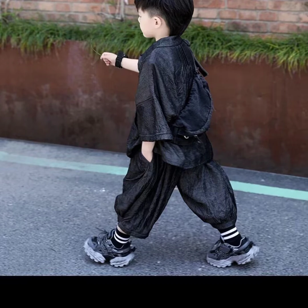 男童潮酷薄款慵懒衬衫七分裤2025夏装中小童百搭衬衣休闲裤两件套