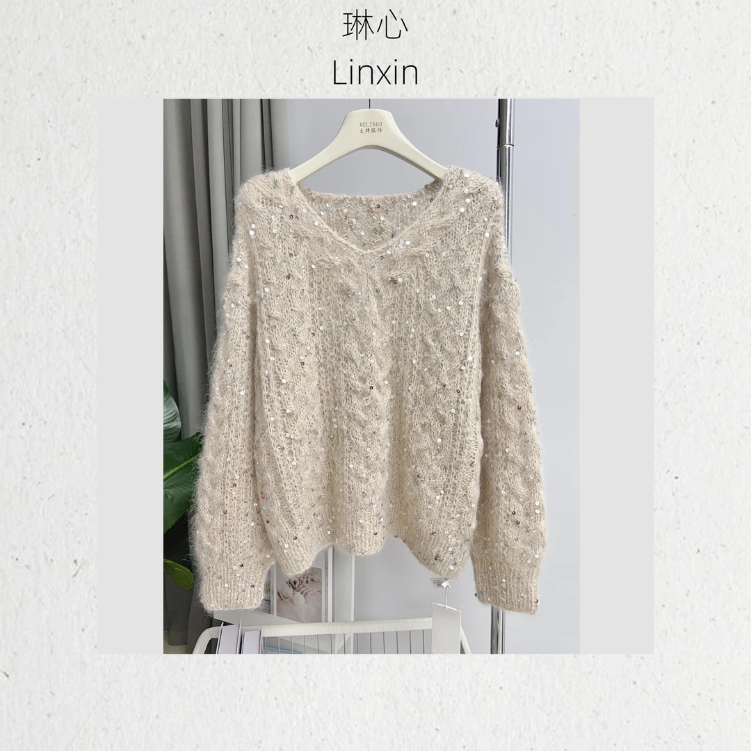 秋冬新款女装气质百搭杏色亮片套头针织衫0075