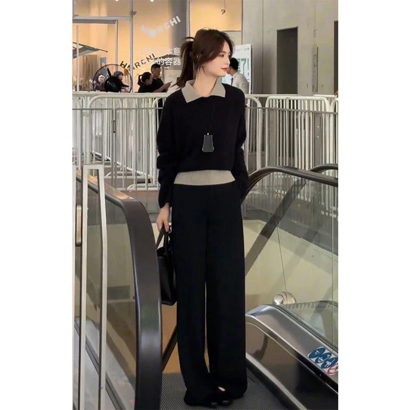 高腰时尚拼色翻领无袖背心慵懒毛衣垂感百搭休闲裤通勤风三件套装