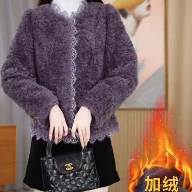 新款小香风蕾丝边长毛绒外套女秋冬新款法式甜美百搭保暖毛上衣