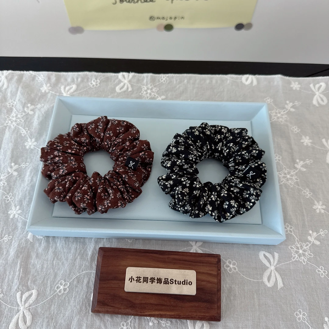 韩国发饰2025新款黑色咖啡棕色纯棉布艺小碎花ins高级感发圈发绳