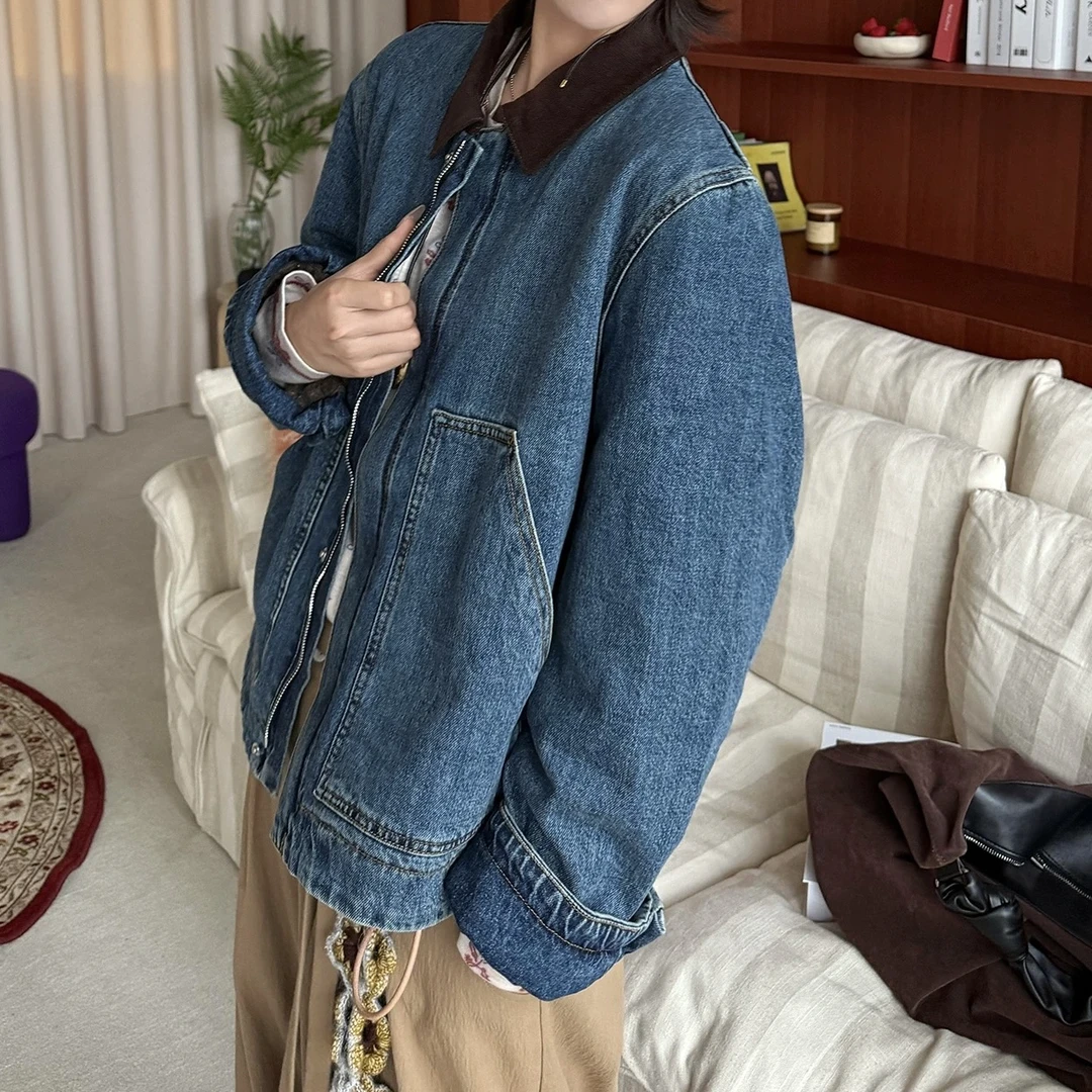 ICE DUST 拼接翻领牛仔外套女秋冬季新款撞色复古宽松工装夹克