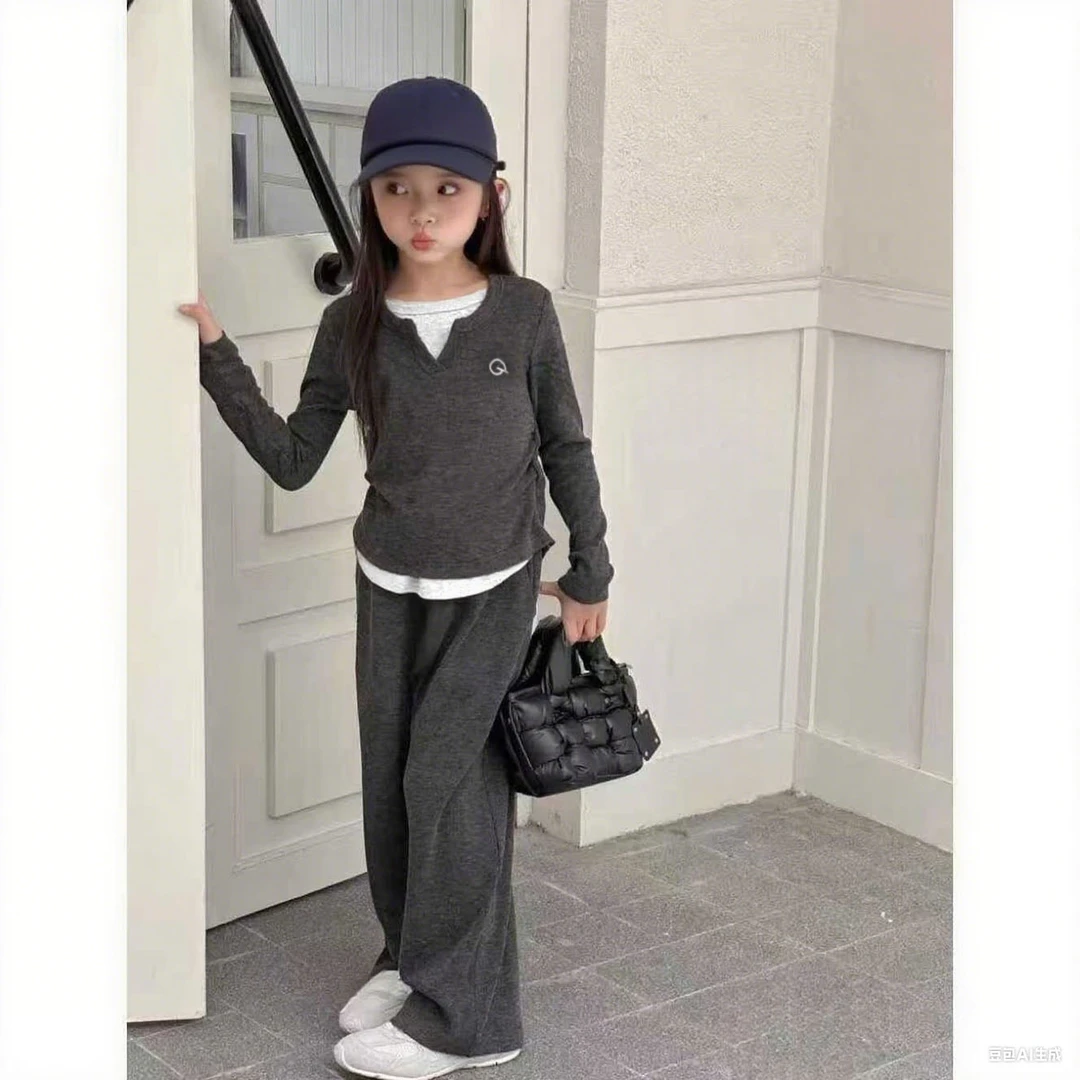 2025秋季女童莫代尔假两件套装软糯阔腿裤修身长袖弹力休闲套装