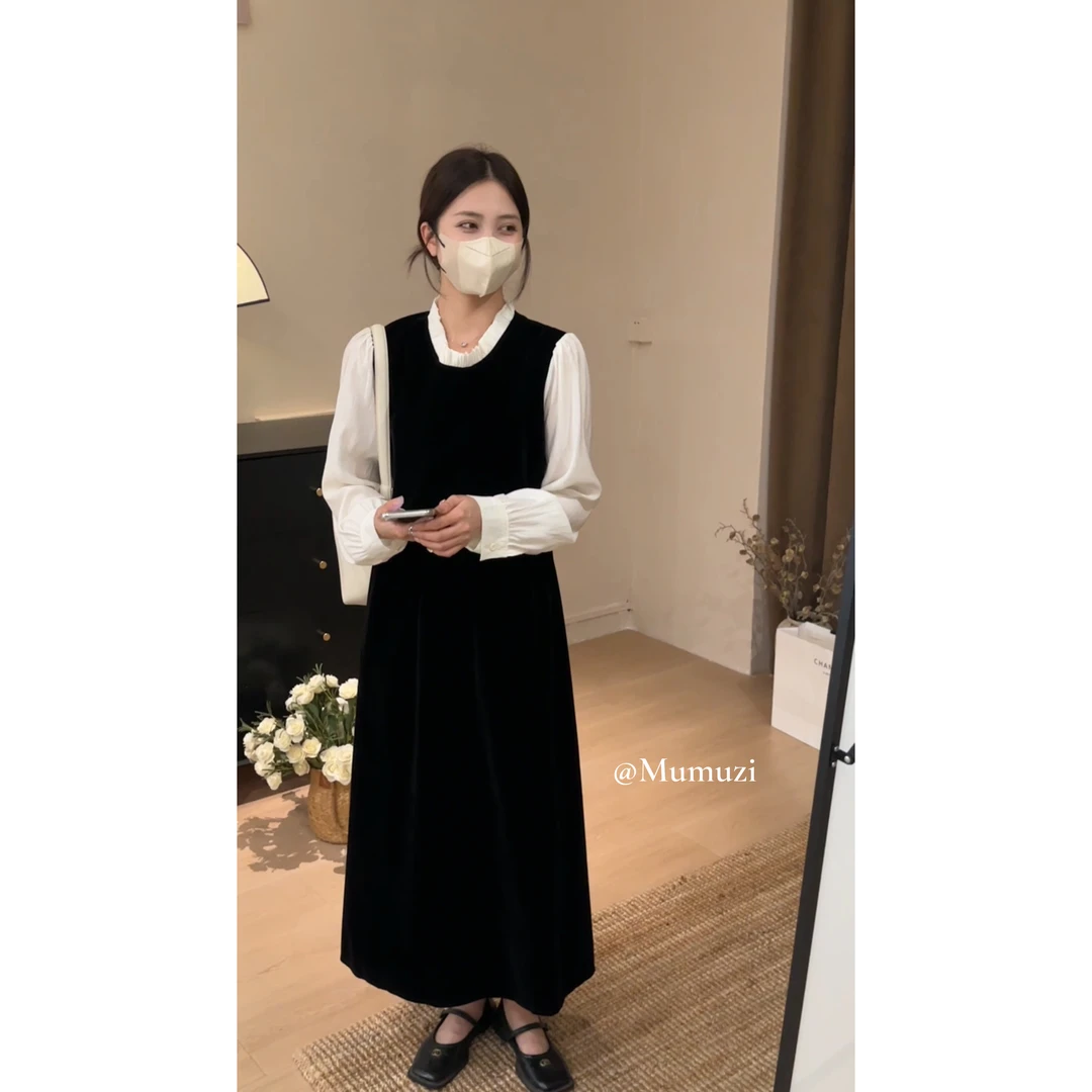 【橘子海】假两件丝绒收腰绑带拼接连衣裙