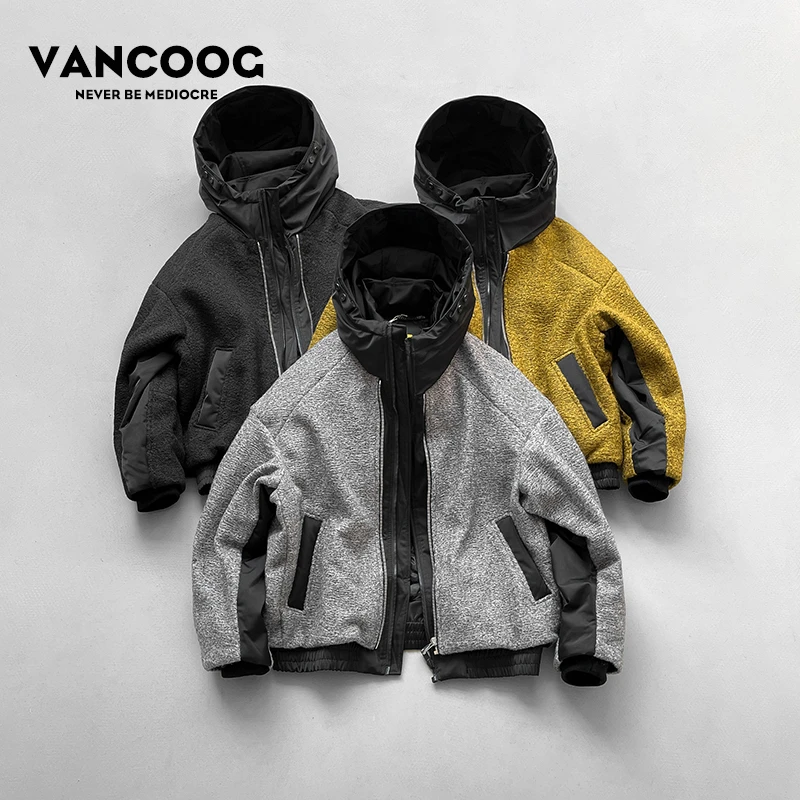 凡购冬季潮牌宽松连帽短款假两件羽绒外套保暖加厚白鸭绒羽绒服男