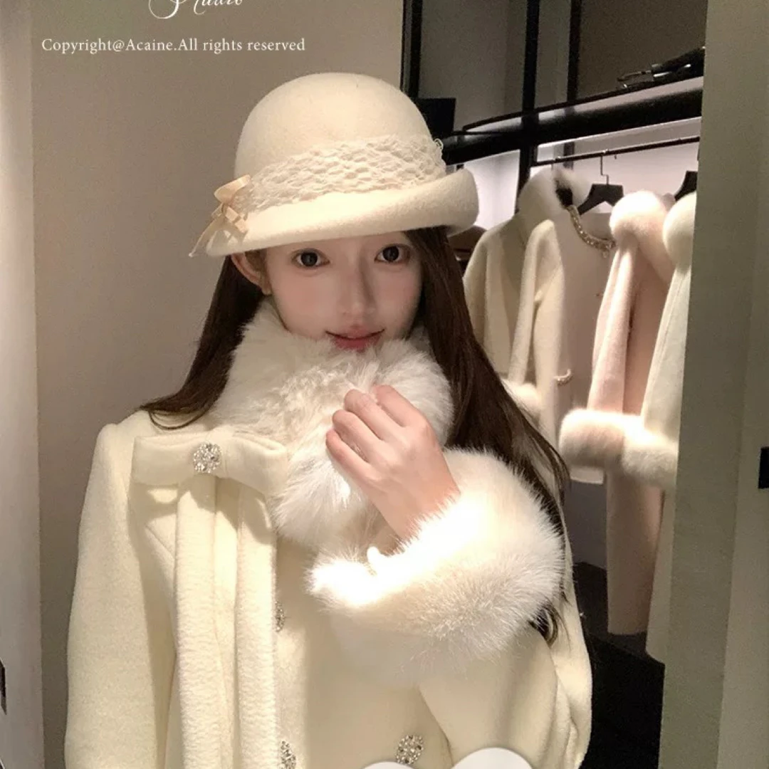 Acarin 短款毛领外套高腰a字半身裙套装女冬季法式气质毛呢两件套