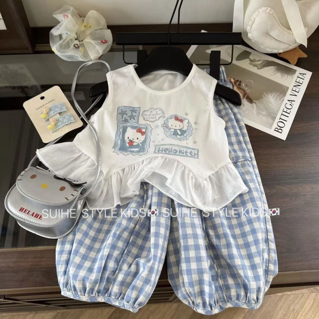 女童套装2025夏季女宝宝卡通kt猫背心宽松格子裤两件套休闲裤