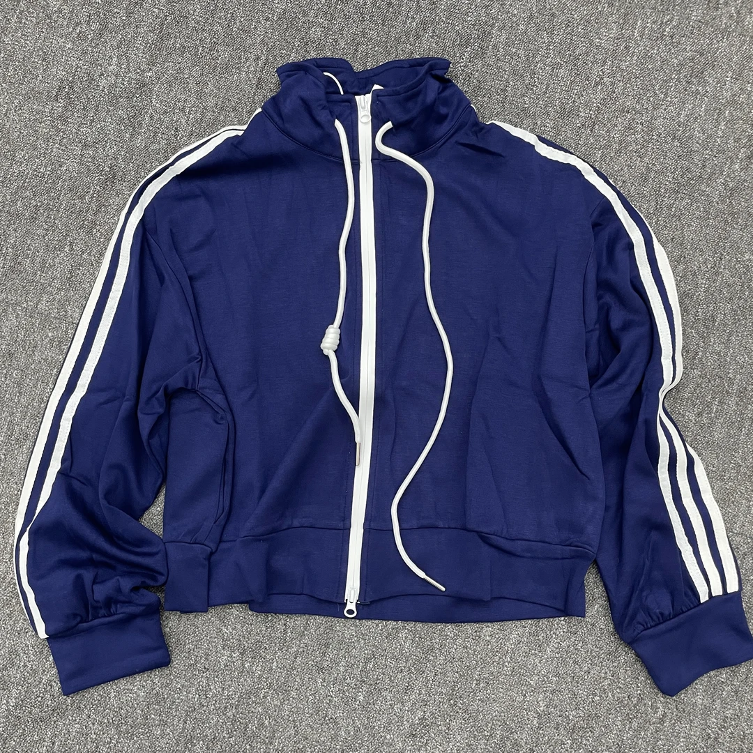 美式复古深蓝色三条杠立领外套女双拉链运动卫衣百搭