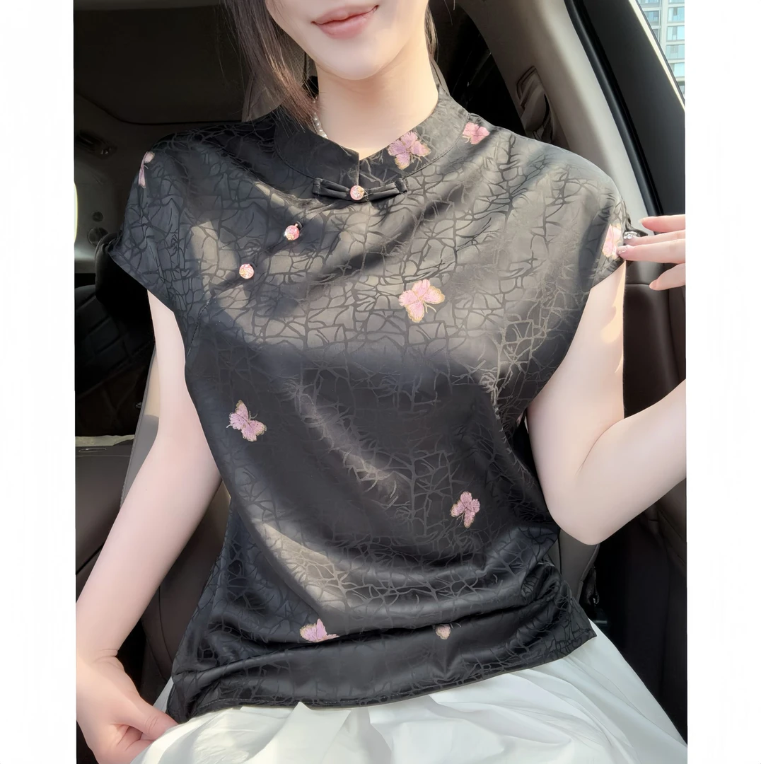 【紫沫蝶 】新中式显瘦夏季老料民族风飞飞袖薄款透气精致气质女装