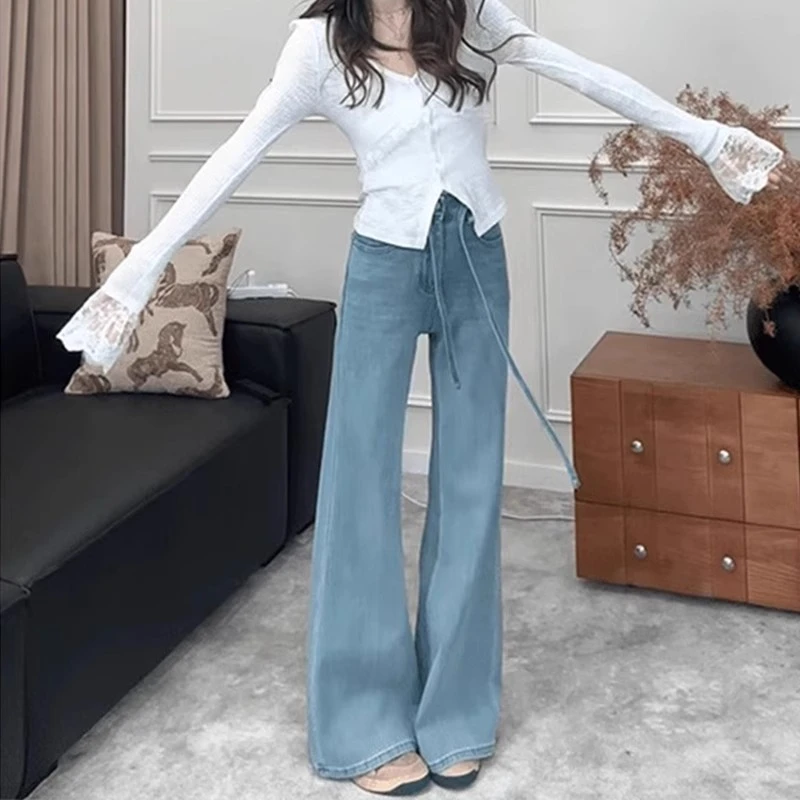 大码牛仔裤女胖mm高腰遮胯显瘦百搭梨型身材设计感微喇叭裤子夏季