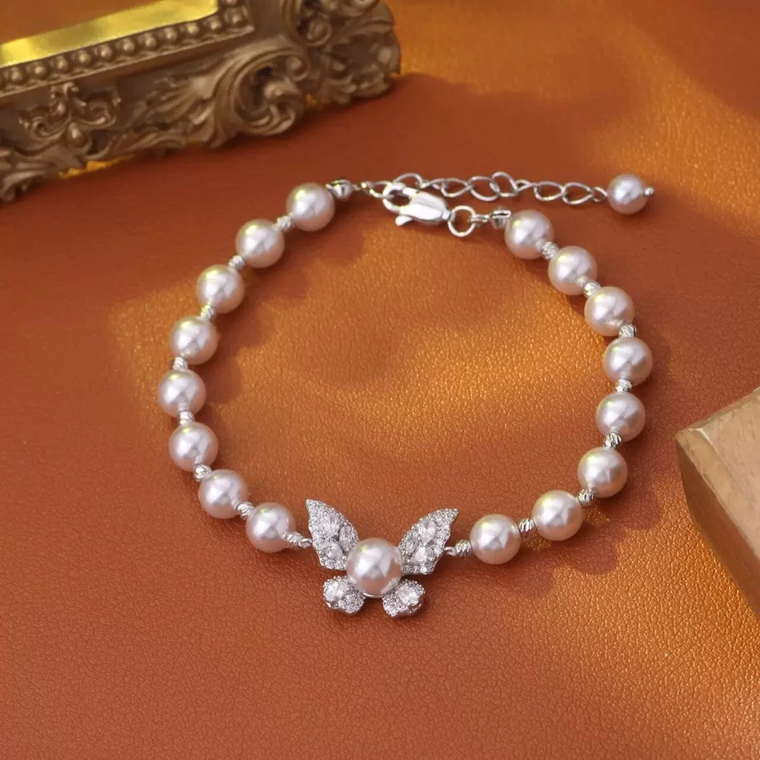 铜合金手链 真金电镀曼塔玫瑰珍珠蝴蝶锆石手链轻奢气质高级