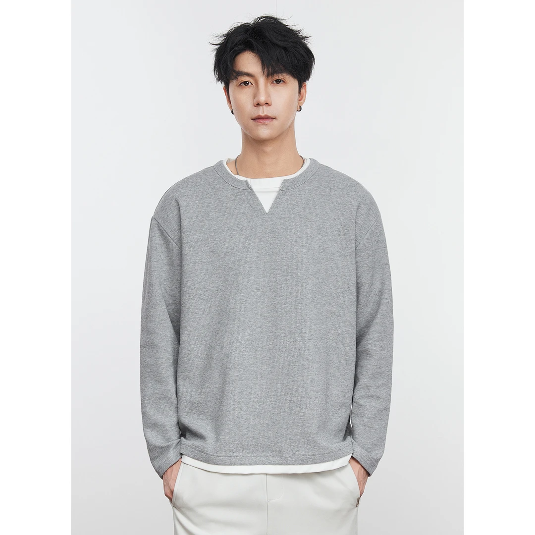 亦止男装叠穿假两件V领长袖卫衣秋冬新款加绒轻熟风宽松套头上衣