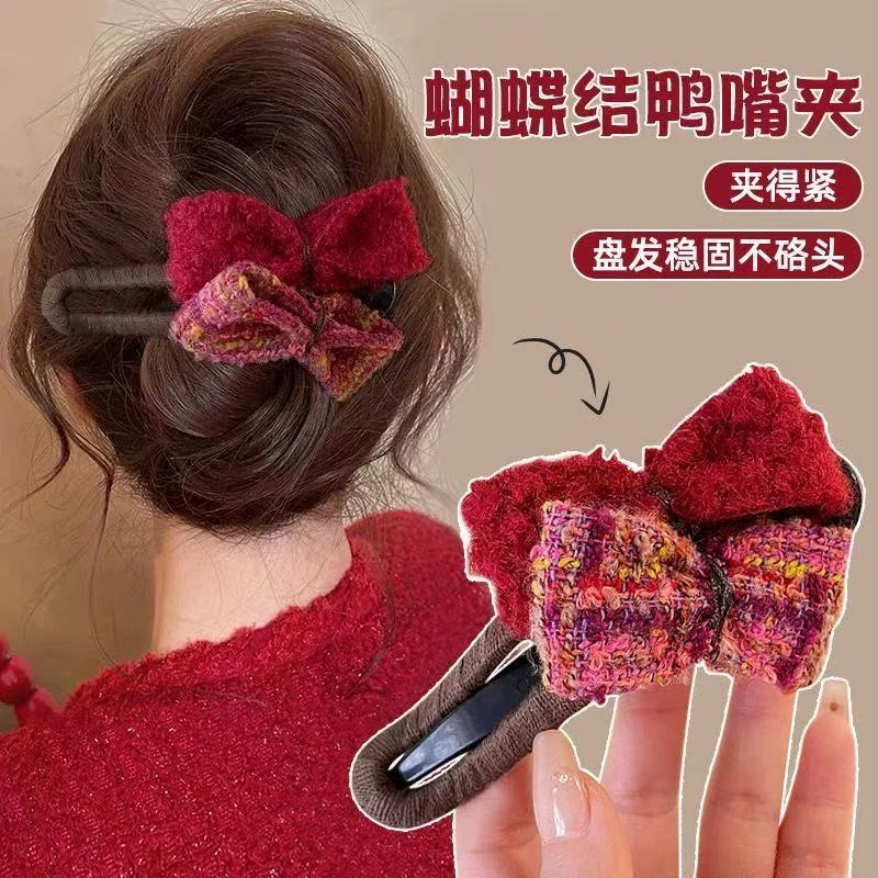 新年红色毛绒蝴蝶结鸭嘴夹女跨年后脑勺盘发一字抓夹半扎发卡头饰