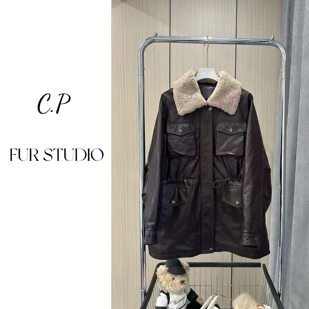 C.PFUR STUDIO25年新款中长海宁女皮衣羽绒毛领外套时尚休闲保暖