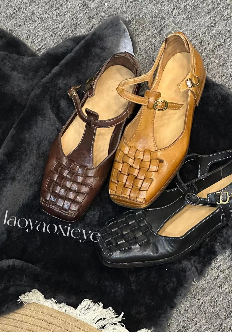 秋匠重水洗马皮编织玛丽珍固特异牛皮底擦色复古女鞋【脚瘦拍小】