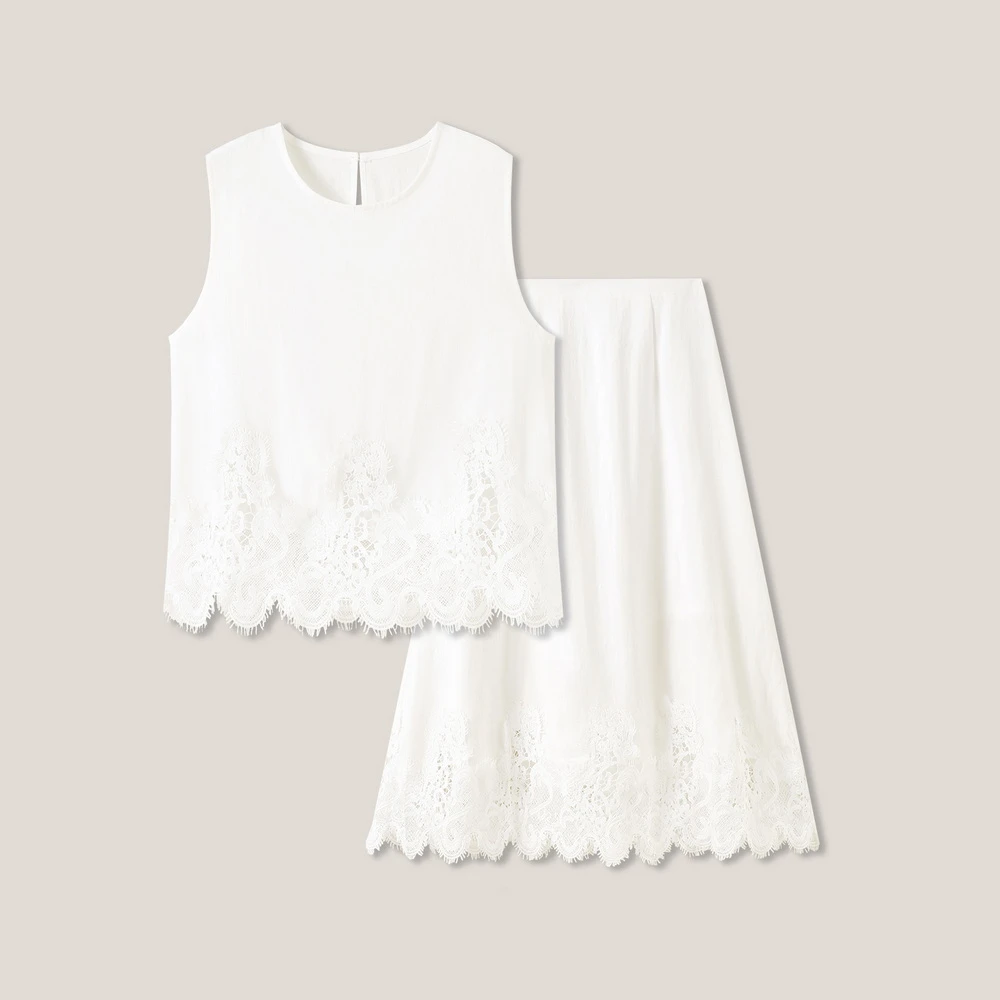 纯色刺绣蕾丝花边圆领无袖上衣+半裙套装SS26220