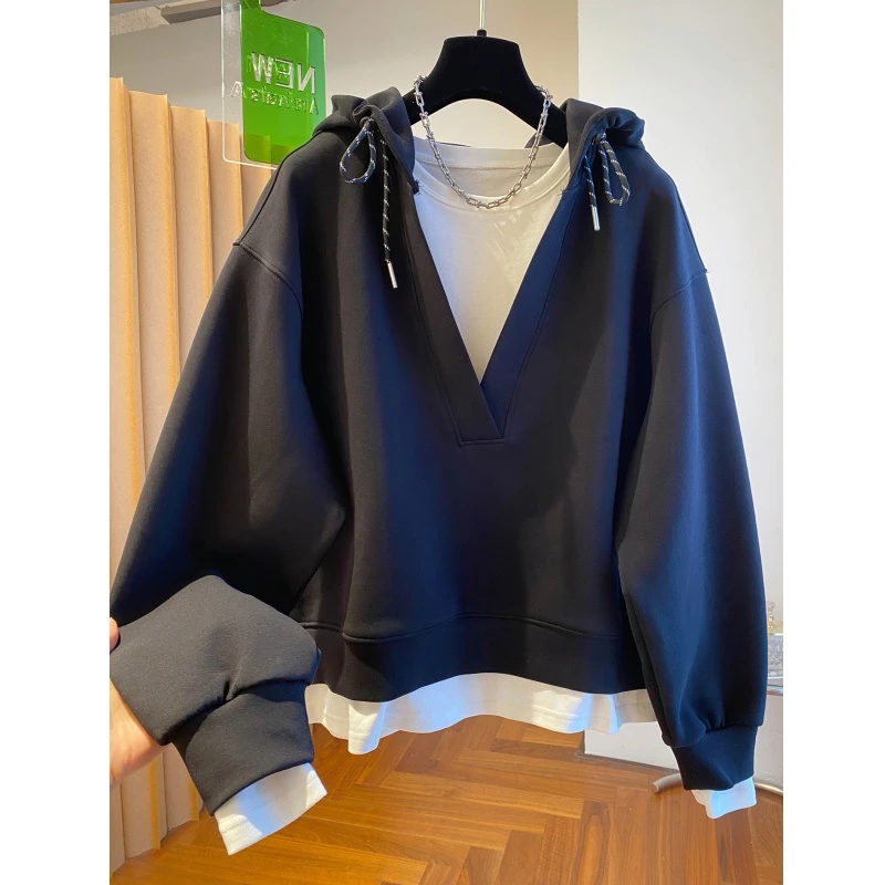 韩式潮牌300斤大码拼色洋气外套早秋男女复古休闲假两件连帽卫衣