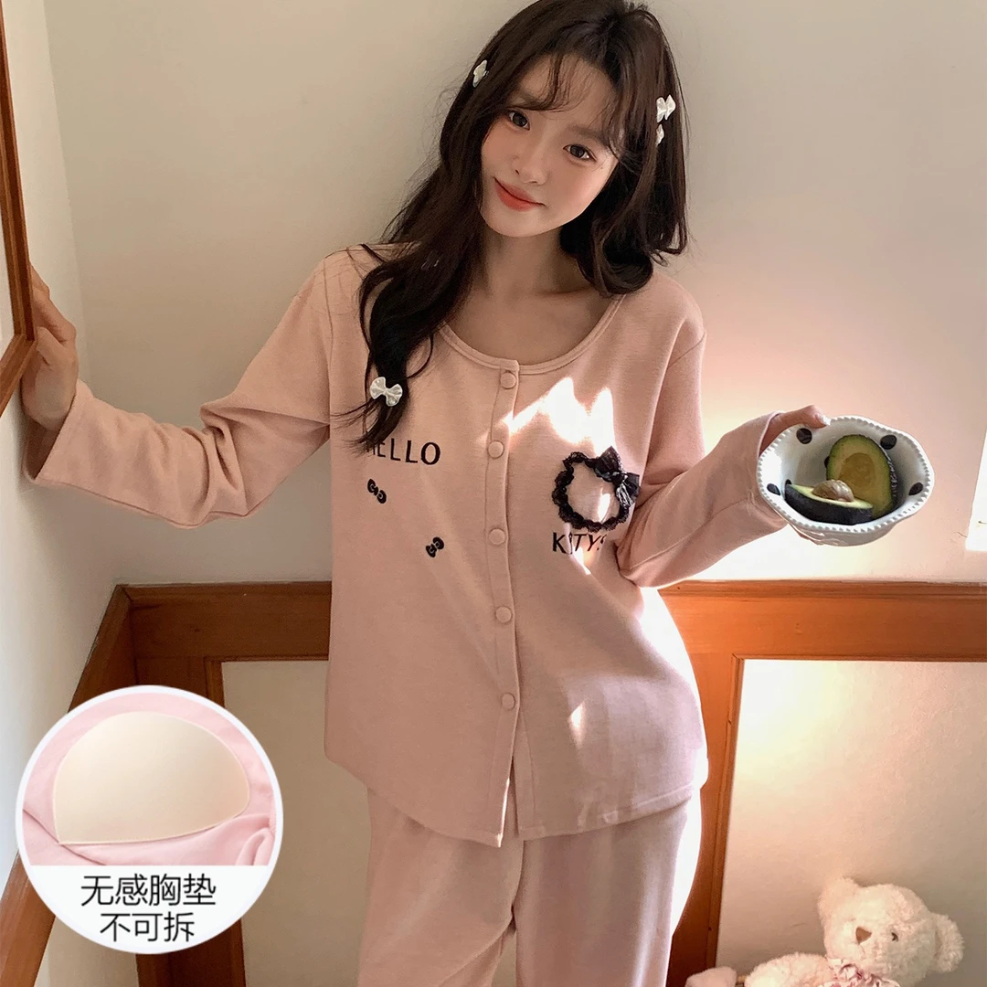 睡衣女秋冬季长袖保暖带胸垫2025新款开衫粉色套装可外穿家居服