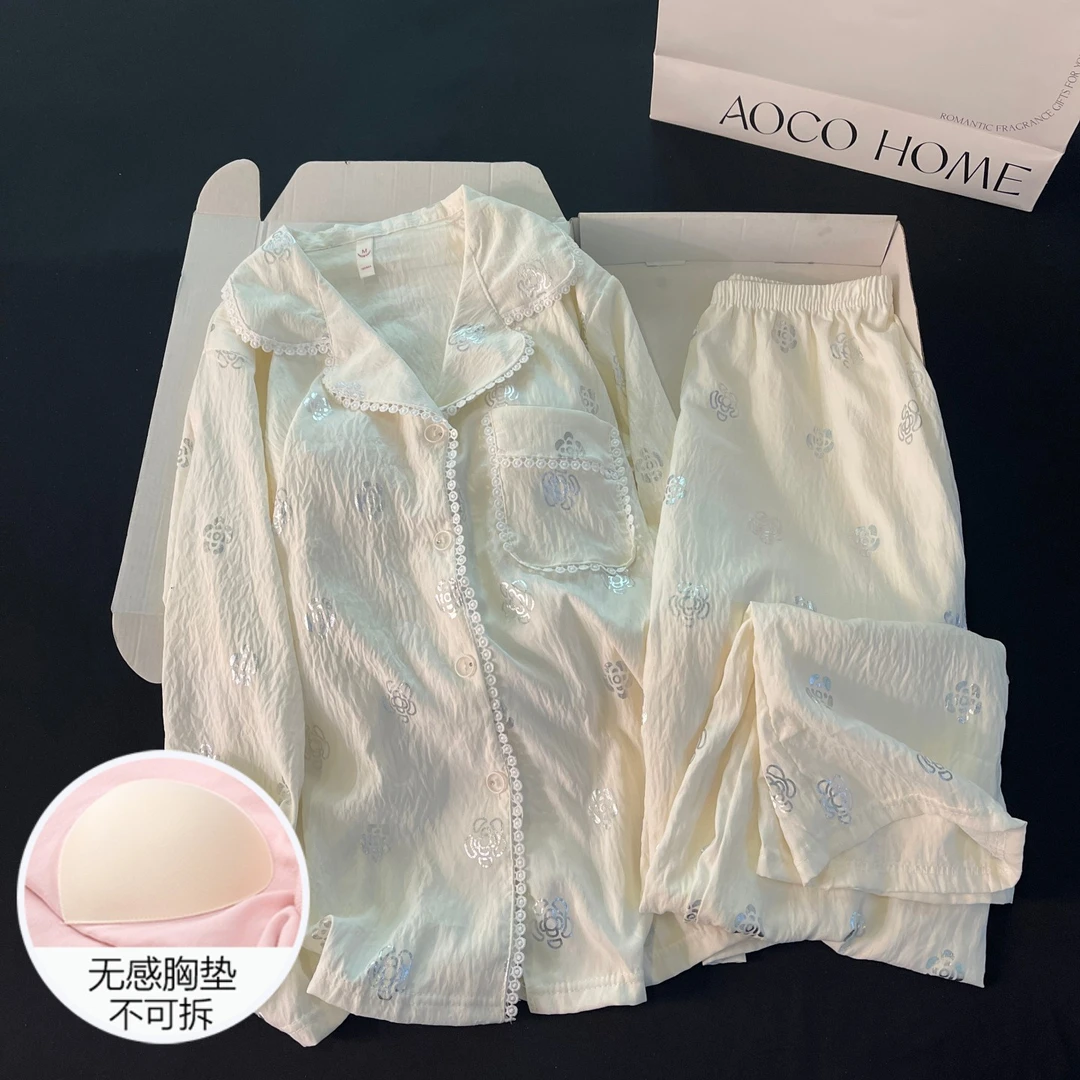 睡衣女春秋季带胸垫可外穿长袖2025新款网红风杏色玫瑰套装家居服