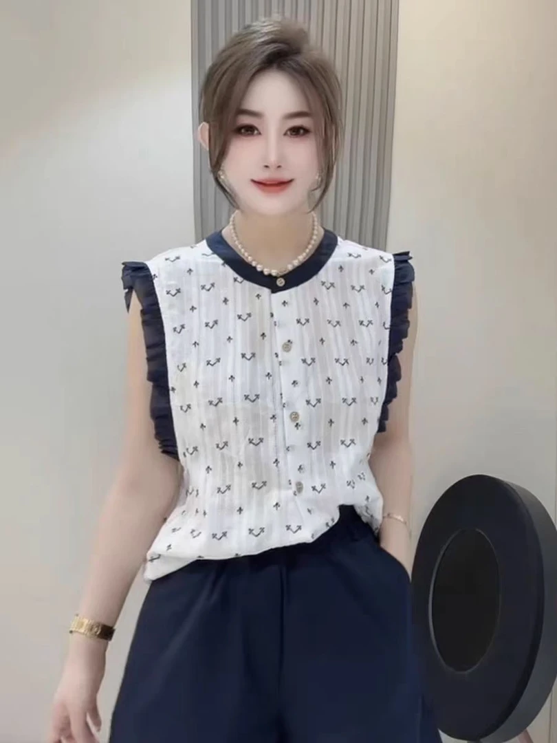 韩系高级感纯棉圆领木耳边无袖衬衫女夏季甜美减龄设计感背心上衣