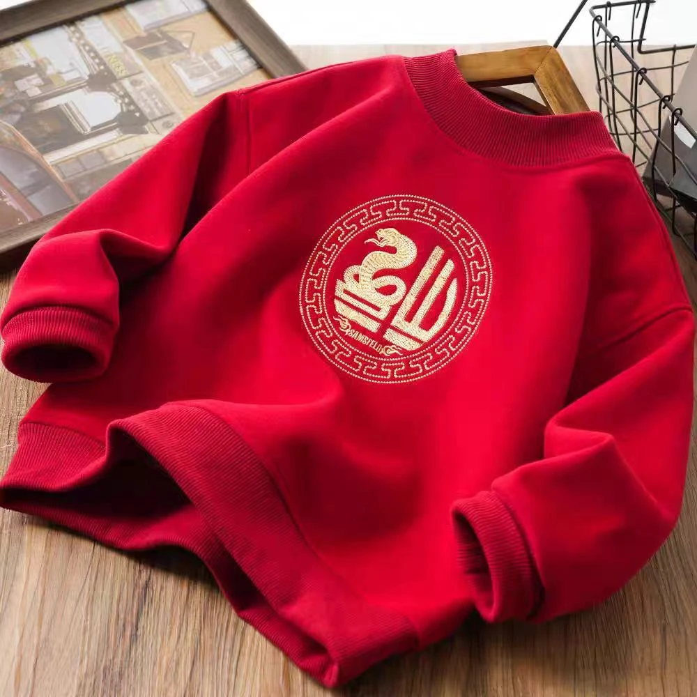 儿童新年喜庆加绒卫衣拜年服冬装加厚红色上衣国潮童装绣大图