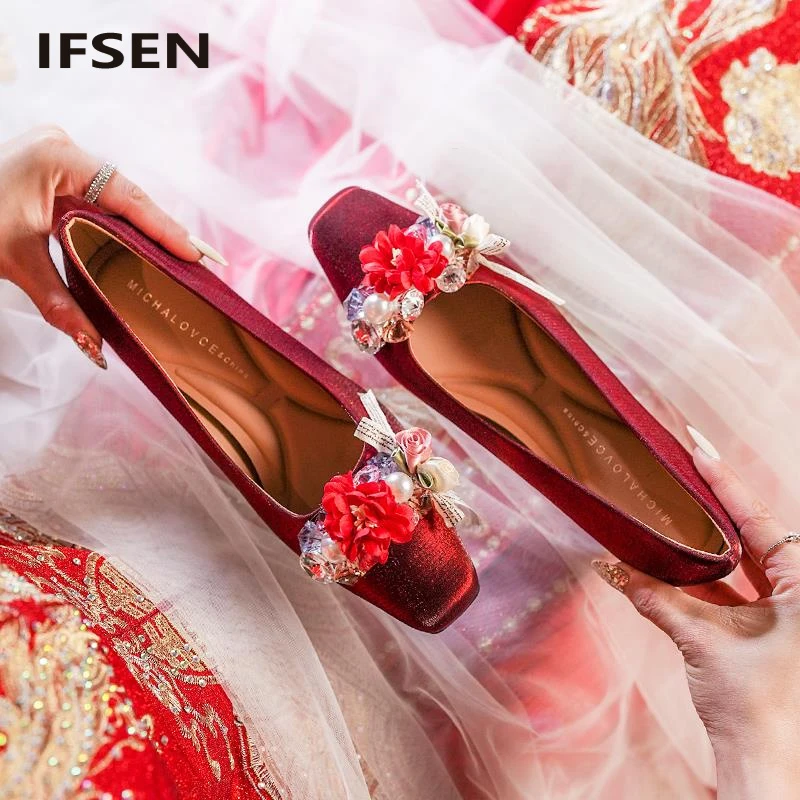 IFSEN绝美红色婚鞋女秀禾婚纱两穿新娘订婚鞋粗跟水晶公主高跟鞋