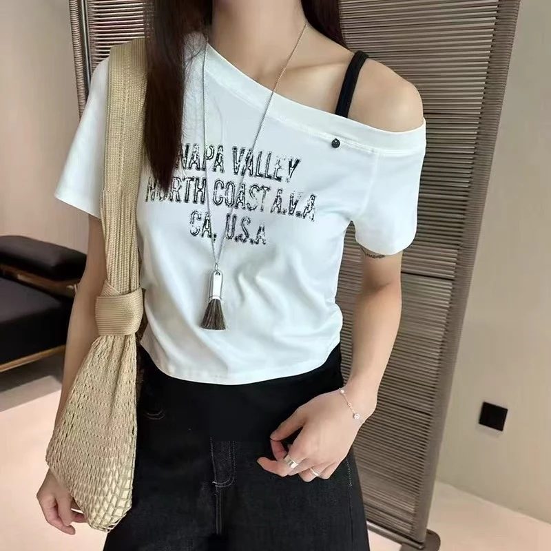 韩版斜肩露肩百搭上衣不规则纯色印花短袖修身显瘦拼接假两件T恤