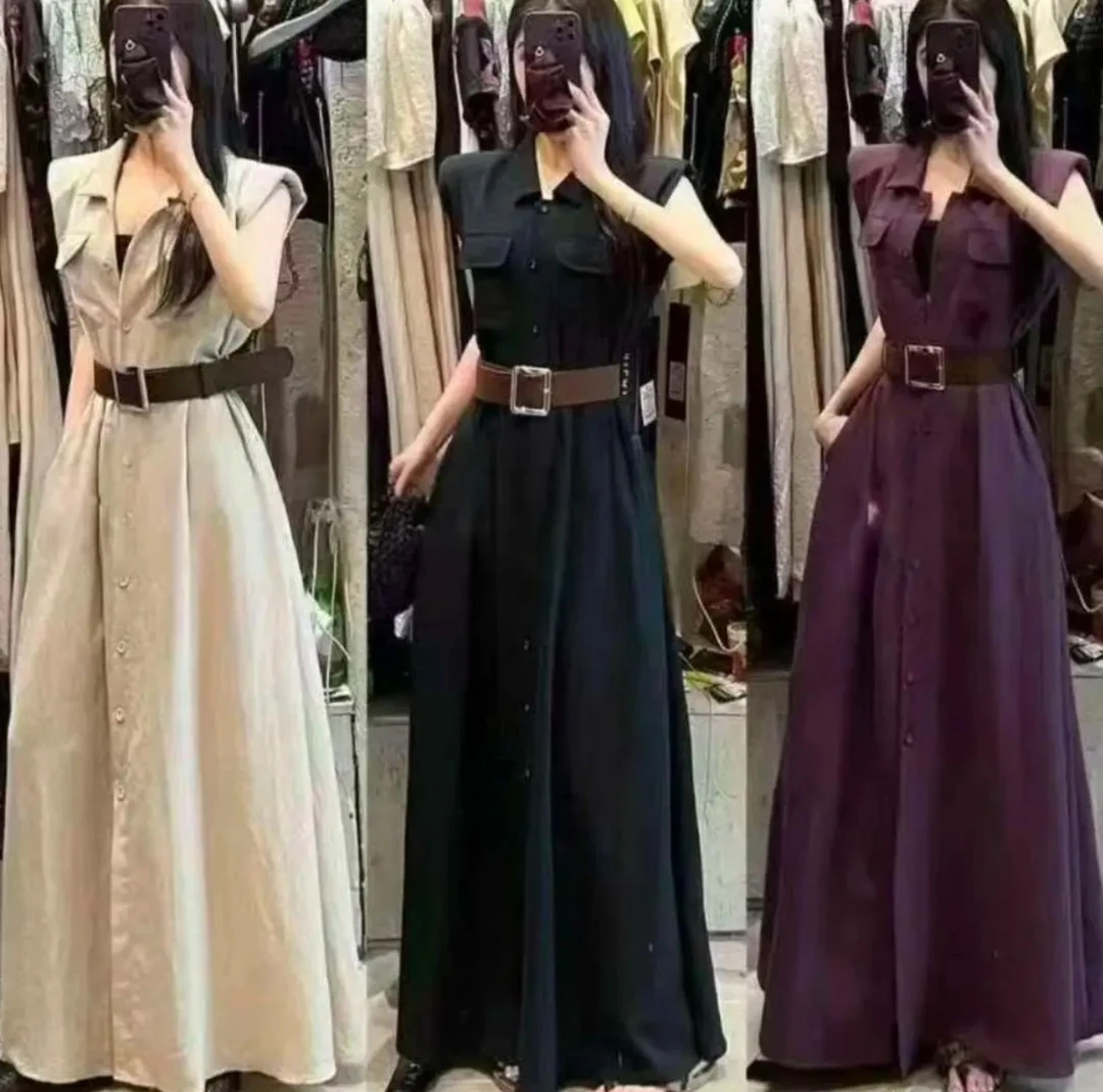 夏季法式复古气质简约长款连衣裙单排扣翻领通勤腰带长裙q0241