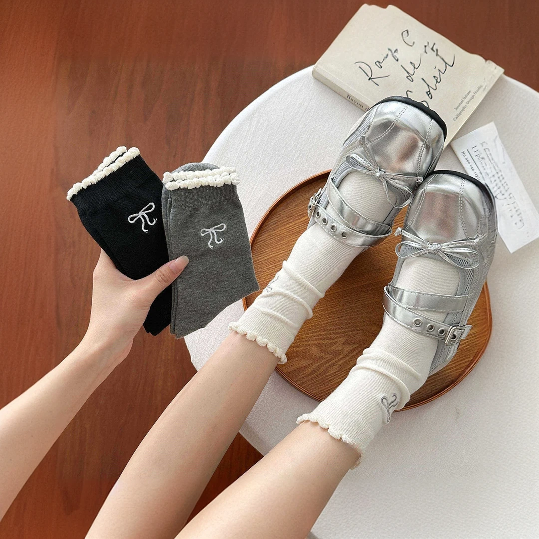 新款白色蝴蝶结袜子女中筒袜简约春秋款可爱甜美少女花边灰色袜子