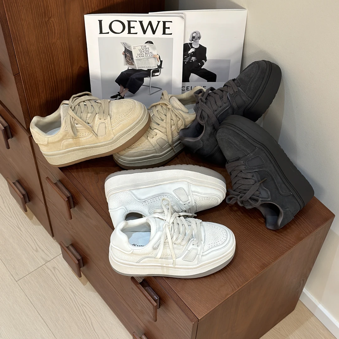 增高真皮厚底擦色小白鞋女2025秋冬新款百搭学生系带运动休闲板鞋