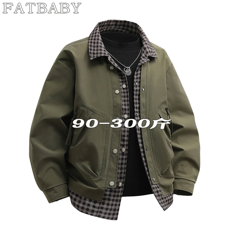 春季新款拼接撞色夹克加肥加大码潮流假两件宽松百搭帅气男士夹克