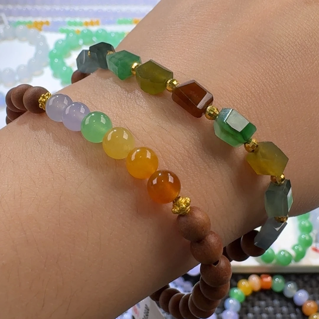 翡翠手链未镶嵌冰多彩双圈手串卡6+ 大漏，强推！